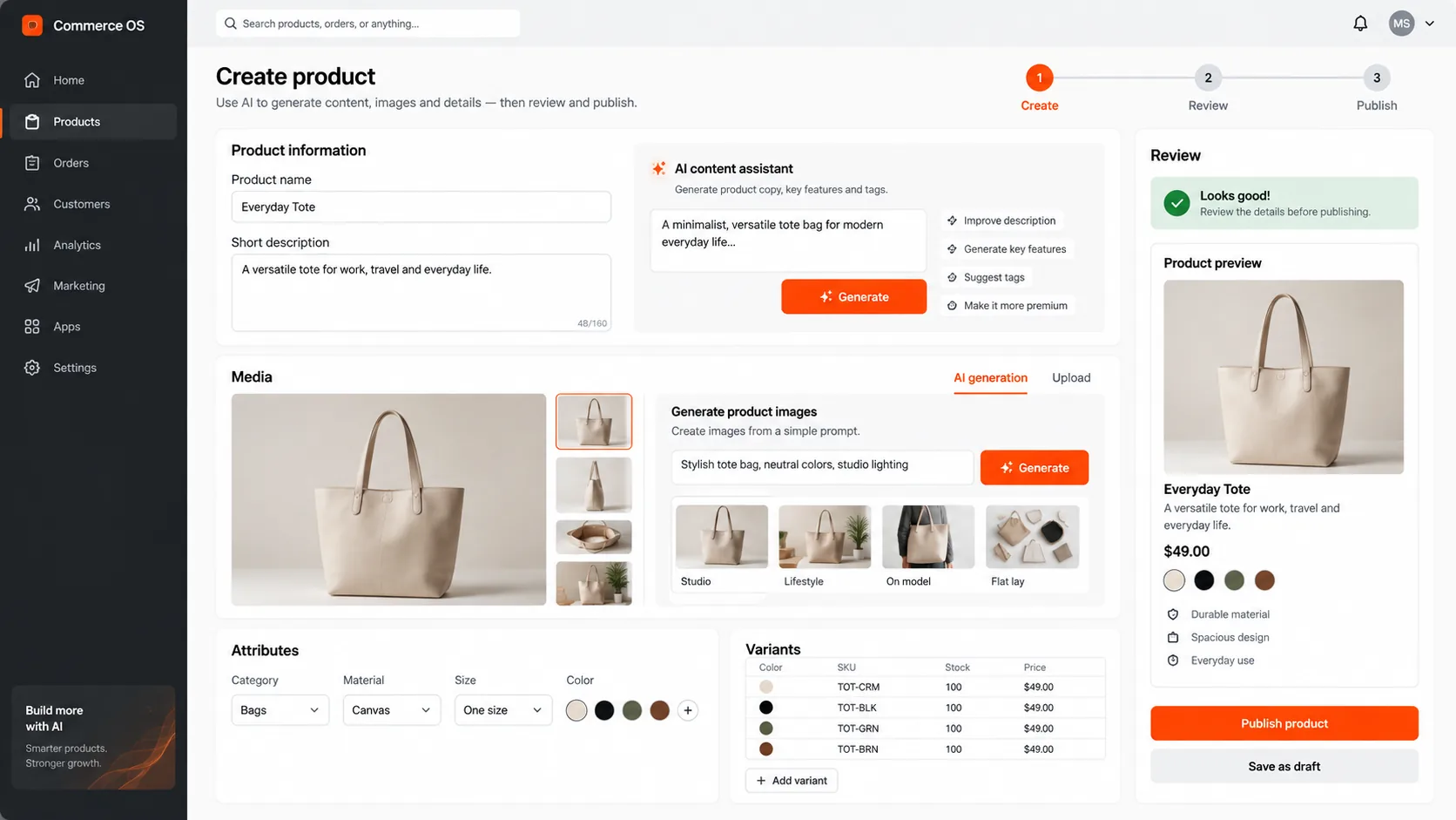 Commerce OS · AI product creation