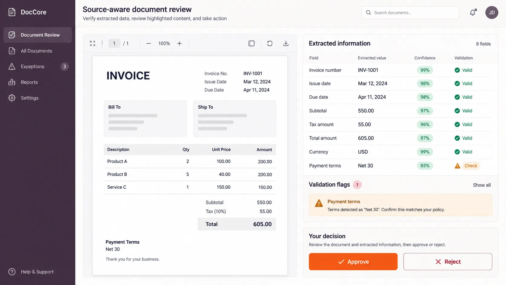 DocCore · Source-aware review