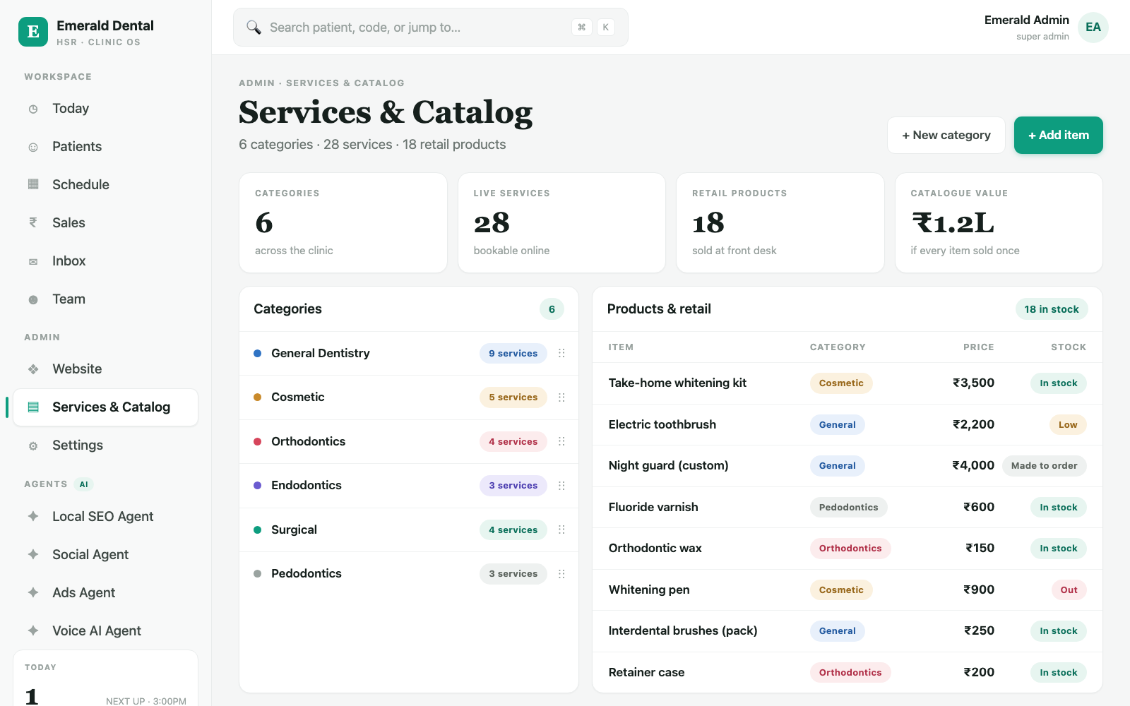 Dental OS — Services & Catalog: categories and retail products