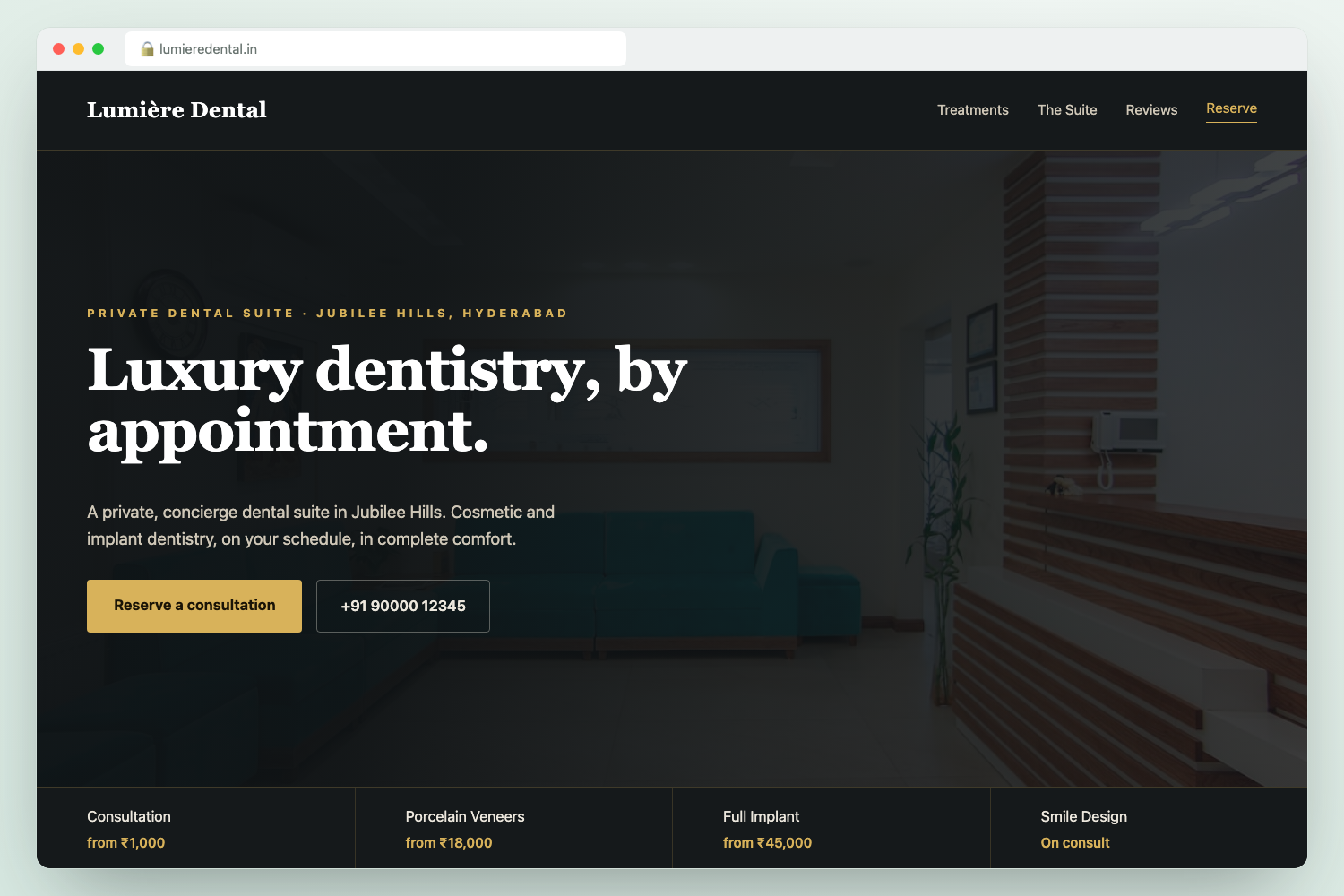 Premium dental website template — Lumière Dental (dark, luxury)