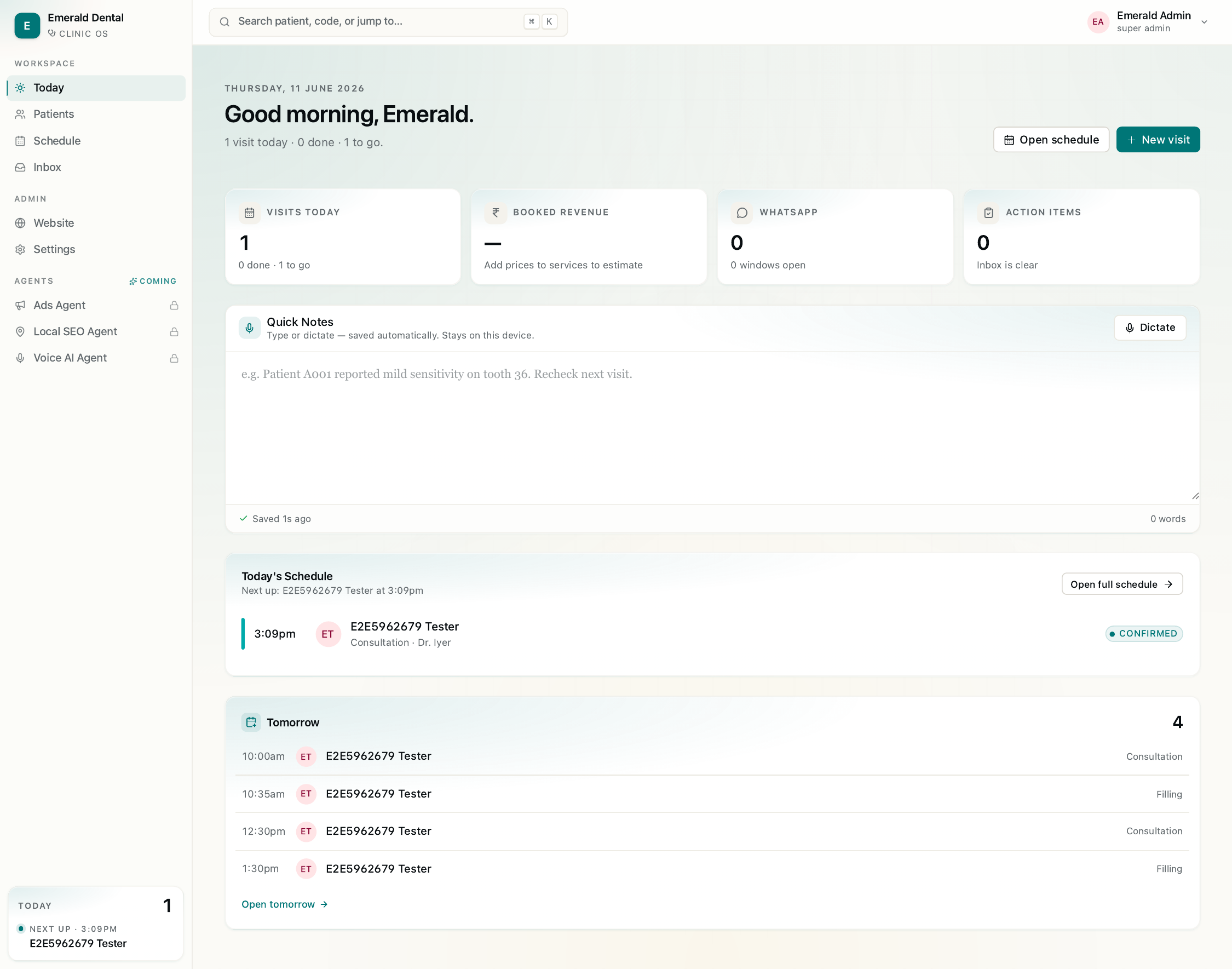 Dental OS — the Today dashboard, live in the product