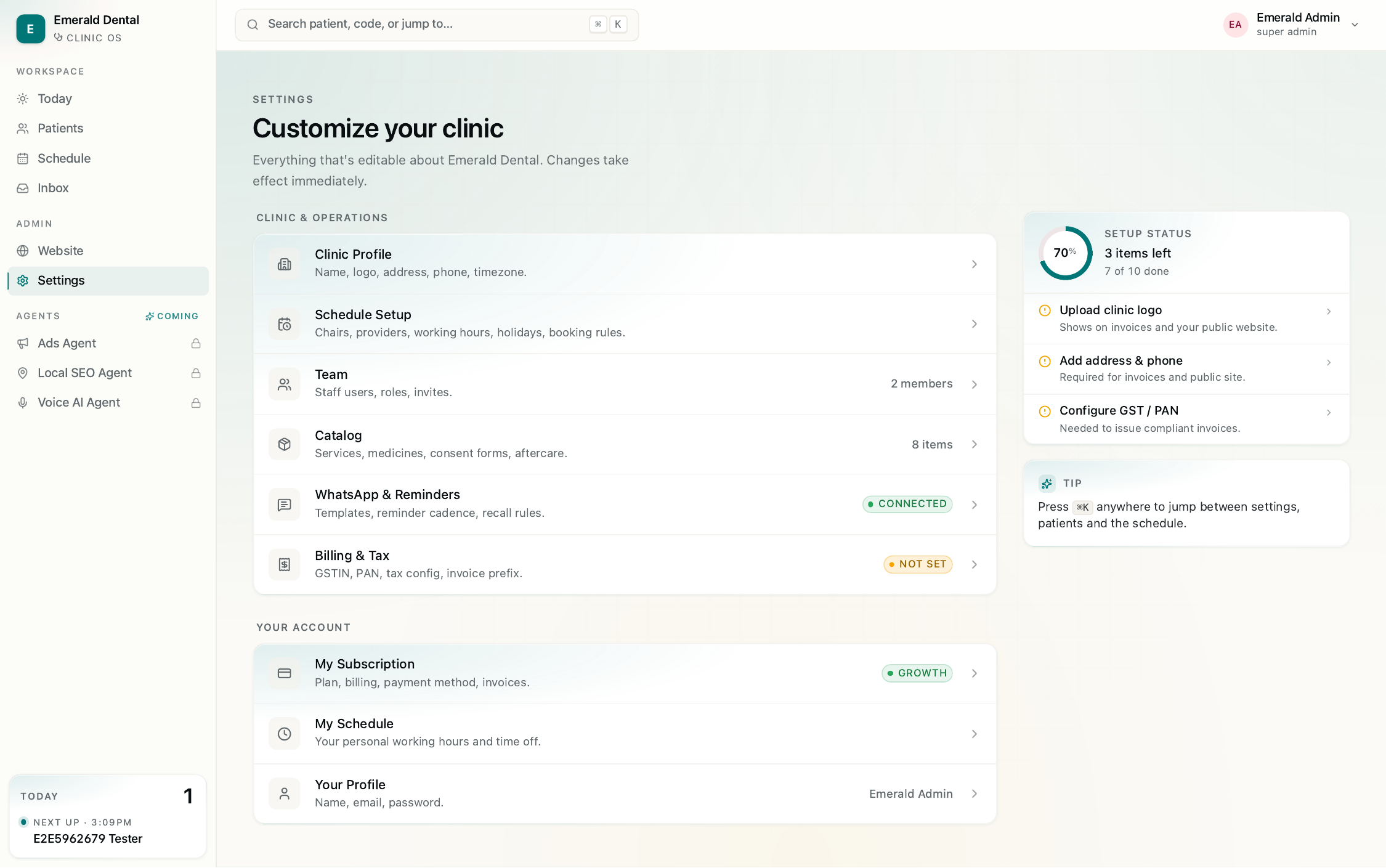 Dental OS — clinic settings